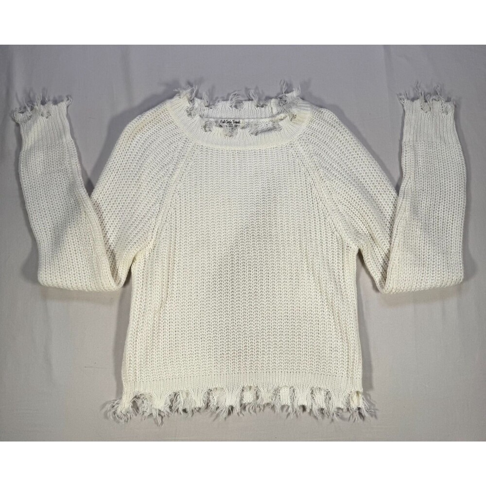 Full Circle Trends Womens Large White Knit Sweater Distressed Hem Raw Edge Boho